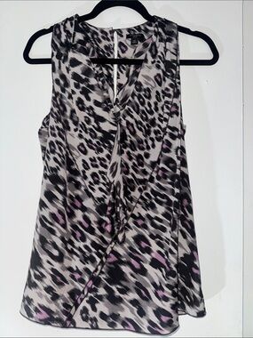 Ann Taylor Pink & Black Leopard Print Tie-Neck Sleeveless Top
